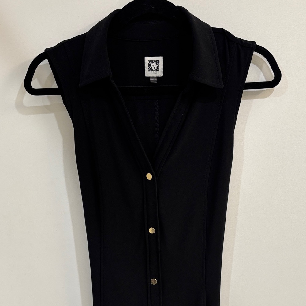 Anne Klein Black Midi Dress with Gold Buttons and Waist Tie